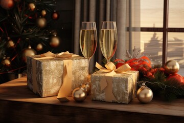 Boxes of gifts are on the table with glasses of champagne