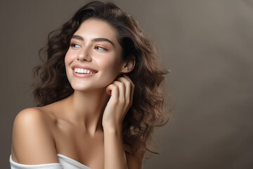 Fototapeta premium Woman smiling model. Beautiful girl with smooth and glow skin. Young woman smile and touching hands to face. Spa or skincare model. Generative AI