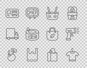 Set line Supermarket food products with price label, T-shirt, Shopping basket, Paper shopping bag, Identification badge, Canned fish, bread loaf and Scanner scanning bar code icon. Vector