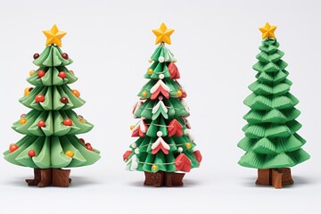 Collage of Christmas trees isolated on diferent backgrounds and different textures. Copy space and Christmas like decorations