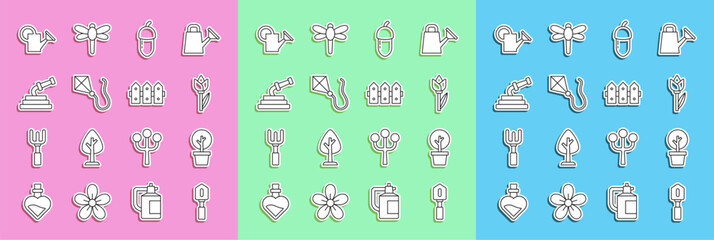 Set line Shovel, Forest, Flower tulip, Acorn, Kite, Garden hose, Watering can and fence wooden icon. Vector