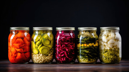 Pickled vegetables in glass jars in a row
