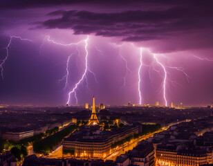 Lightning storm over city in purple light in Paris city