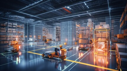 Futuristic warehouse. Wires and rows of boxes. Modern technology background. - obrazy, fototapety, plakaty