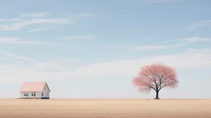 a lone tree in the middle of a field with a house in the middle of the field and a blue sky with wispy clouds.