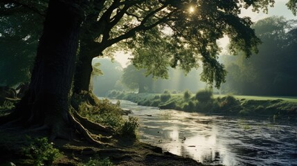  a river running through a lush green forest next to a forest covered in lush green grass and a sun shining through the trees.