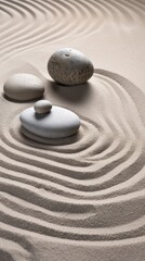 Fototapeta premium Zen sand garden meditation stone background. Balanced Stones and lines drawing in sand for relaxation. Concept of harmony, balance and meditation, spa, massage, relax.