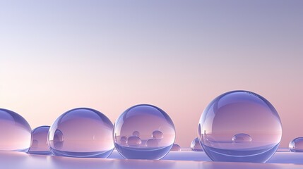  a group of glass balls sitting in the middle of a floor next to a wall with a sky in the background.