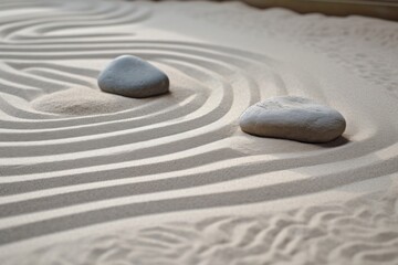 Fototapeta na wymiar Zen sand garden meditation stone background. Balanced Stones and lines drawing in sand for relaxation. Concept of harmony, balance and meditation, spa, massage, relax.