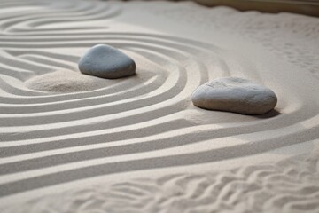 Zen sand garden meditation stone background. Balanced Stones and lines drawing in sand for relaxation. Concept of harmony, balance and meditation, spa, massage, relax.