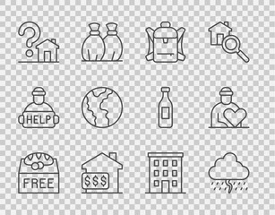 Set line Donation food, Cloud with rain, Hiking backpack, House dollar, question mark, Global economic crisis, Multi storey building and Volunteer icon. Vector