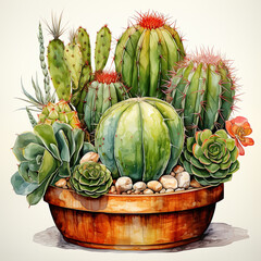 watercolor Cactus in pot clipart, Generative Ai