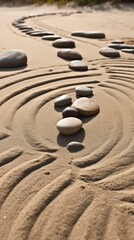 Fototapeta premium Zen sand garden meditation stone background. Balanced Stones and lines drawing in sand for relaxation. Concept of harmony, balance and meditation, spa, massage, relax.