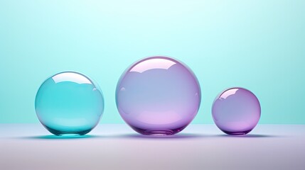  a group of three glass balls sitting on top of a blue and purple table top next to a blue wall.