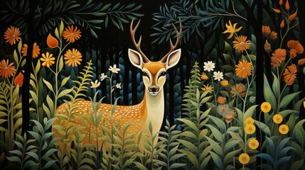 Fototapeta premium a painting of a deer in the middle of a forest with wildflowers and daisies in the foreground.