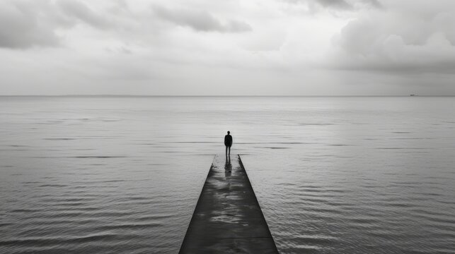  a black and white photo of a person standing at the end of a pier in the middle of the ocean.