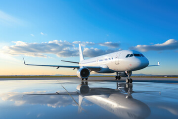 Fototapeta na wymiar A white passenger plane on the airport apron with blue sky.