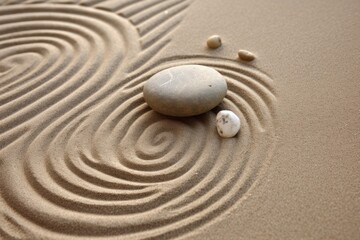 Zen sand garden meditation stone background. Balanced Stones and lines drawing in sand for relaxation. Concept of harmony, balance and meditation, spa, massage, relax.