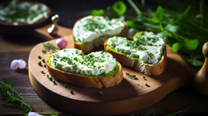 Slices of baguette are spread with cream cheese and garnished with chives and parsley on a wooden cutting board, placed on a dark wooden background. - obrazy, fototapety, plakaty