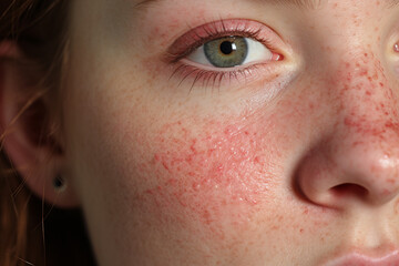 rosacea on a woman's face close-up - obrazy, fototapety, plakaty