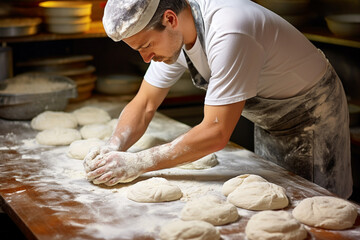 Handsome baker kneading dough on a table in a bakery - obrazy, fototapety, plakaty