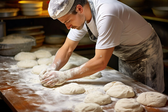 Handsome baker kneading dough on a table in a bakery