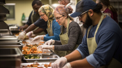 Several volunteers, both men and women, work diligently in an indoor setting to serve food to community members during a charity event. - obrazy, fototapety, plakaty