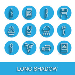 Set line Spoon, Sausage the fork, Bottle of wine, Car, Photo frame, Lighter, Spatula and Cloud with rain icon. Vector