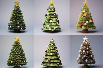 Obraz premium Christmas trees of different textures isolated on diferent backgrounds with copy-space and Christmas decorations