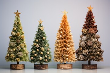 Christmas trees of different textures isolated on diferent backgrounds with copy-space and Christmas decorations