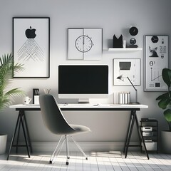 A minimalist office with a desk, chair, and computer that are all essential for productivity