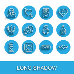 Set line Glass of champagne, Heart, Romantic girl, Love text, with wings, speech bubble, Bottle love potion and Wedding rings icon. Vector