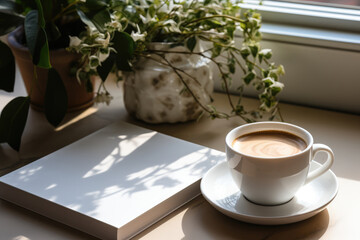 White soft thin book mockup with a coffee on a table.