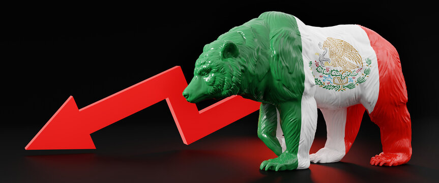 Horizontal banner of a bear with Mexico flag on plain empty black background and red descending arrow. Background image with copy space represents Mexico bear stock market. 3d rendering