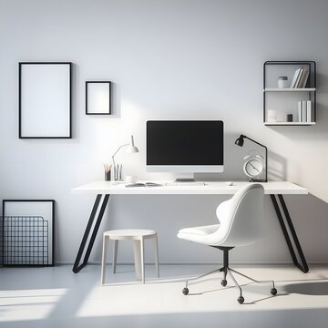 A minimalist office with a desk, chair, and computer that are all essential for productivity