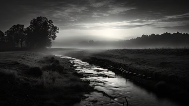 a black and white photo of a stream in the middle of a field with trees on the other side of the stream.