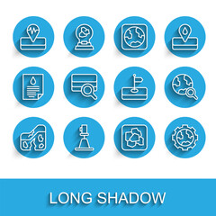 Set line Geological fault, Tacheometer, theodolite, Earthquake, Gold nugget, Gear wheels and earth, Soil analysis, Magnifying glass with globe and Flag icon. Vector