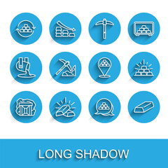 Set line Gold mine, bars, exchange money, mining, and icon. Vector