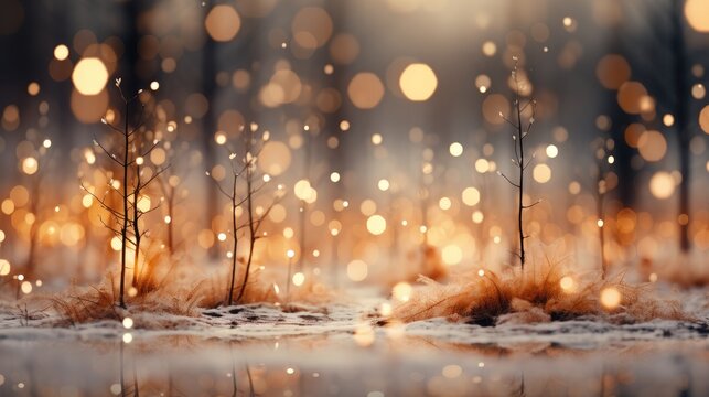  a blurry photo of some small trees in a forest with snow on the ground and lights in the background.