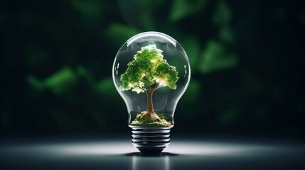 Green Alternative energy in the form of a Green tree concept inside a light bulb ecology and energy conservation, reasonable consumption and friendliness to the environment photography - obrazy, fototapety, plakaty