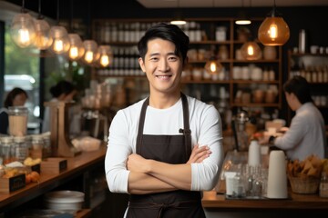The Korean male owner of a modern cafe is happy with good sales.