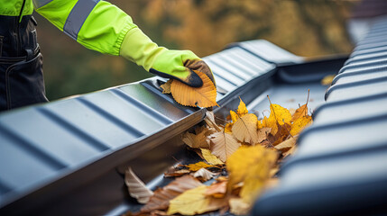 Cleaning the gutter from autumn leaves before winter season - obrazy, fototapety, plakaty