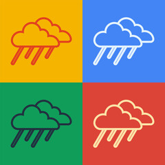 Pop art line Cloud with rain icon isolated on color background. Rain cloud precipitation with rain drops. Vector