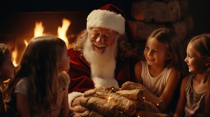 Obraz premium Santa is smiling and playing with the kids by the hearth. Generative Ai.