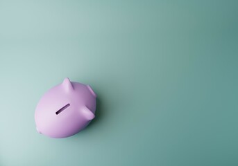 Minimal piggy bank on blue background with copy space for text. Investing, Saving concept. View from above. Purple and blue 3D rendering.