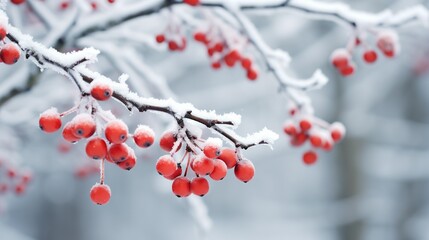Fototapeta na wymiar Snow branches with red berries covered in frost. Copy space