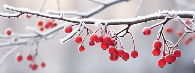 Snow branches with red berries covered in frost. Copy space