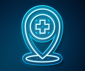 Glowing neon line Medical map pointer with cross hospital icon isolated on blue background. Vector