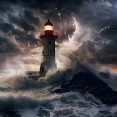 Fototapeta na wymiar Lighthouse at sea on a rock in stormy weather with crashing waves at night