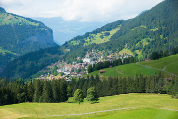 Fototapeta na wymiar summer landscape Bernese Oberland, view to tourist destination Wengen